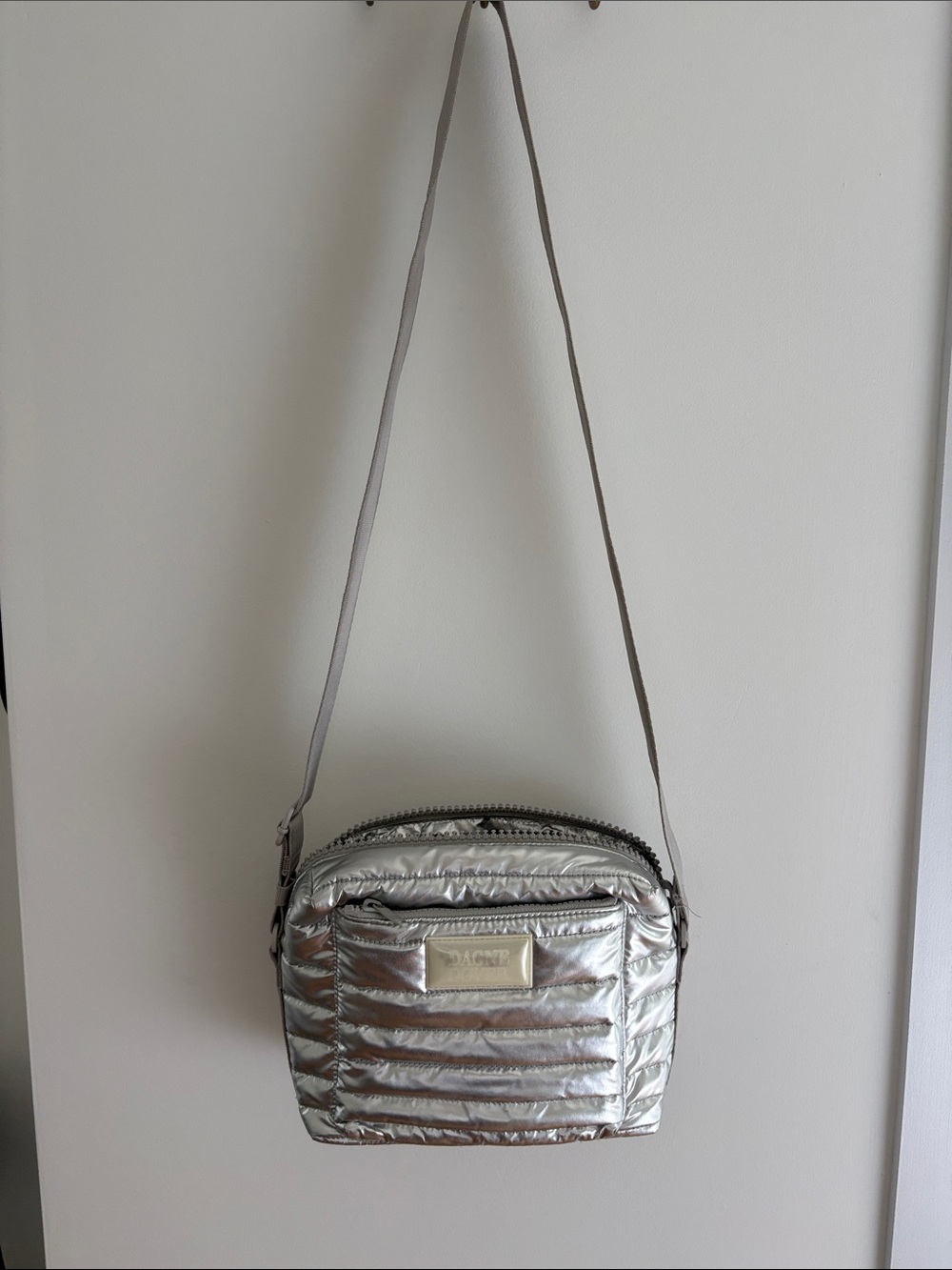 Dagne Dover Quilted Metallic Silver Crossbody Bag with Adjustable Strap